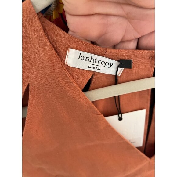 Lanhtropy Womens Top Size XS Brown Pearl Cut Outs V Neck Pure Linen New - Picture 3 of 6